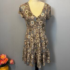 Planet Gold Boho Floral Stretch Ruffle V-Neck Cap Sleeve Dress Small Y2K